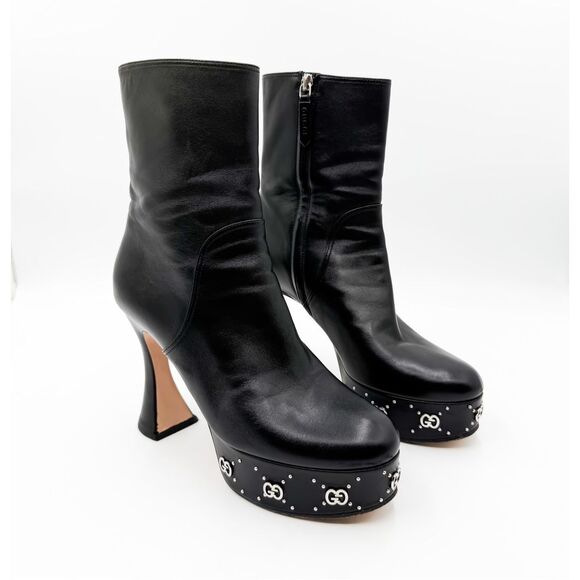 Gucci Janaya GG Black Leather Platform Boots Heels EU 40 US 10 - Picture 1 of 13